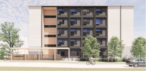 Preliminary artist’s rendering of the modular building showing the front elevation on Glamorgan Avenue. 