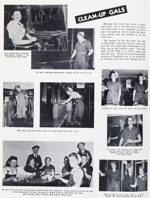 Page one of photo essay titled "Clean-up Gals" about women cleaning streetcars and buses.