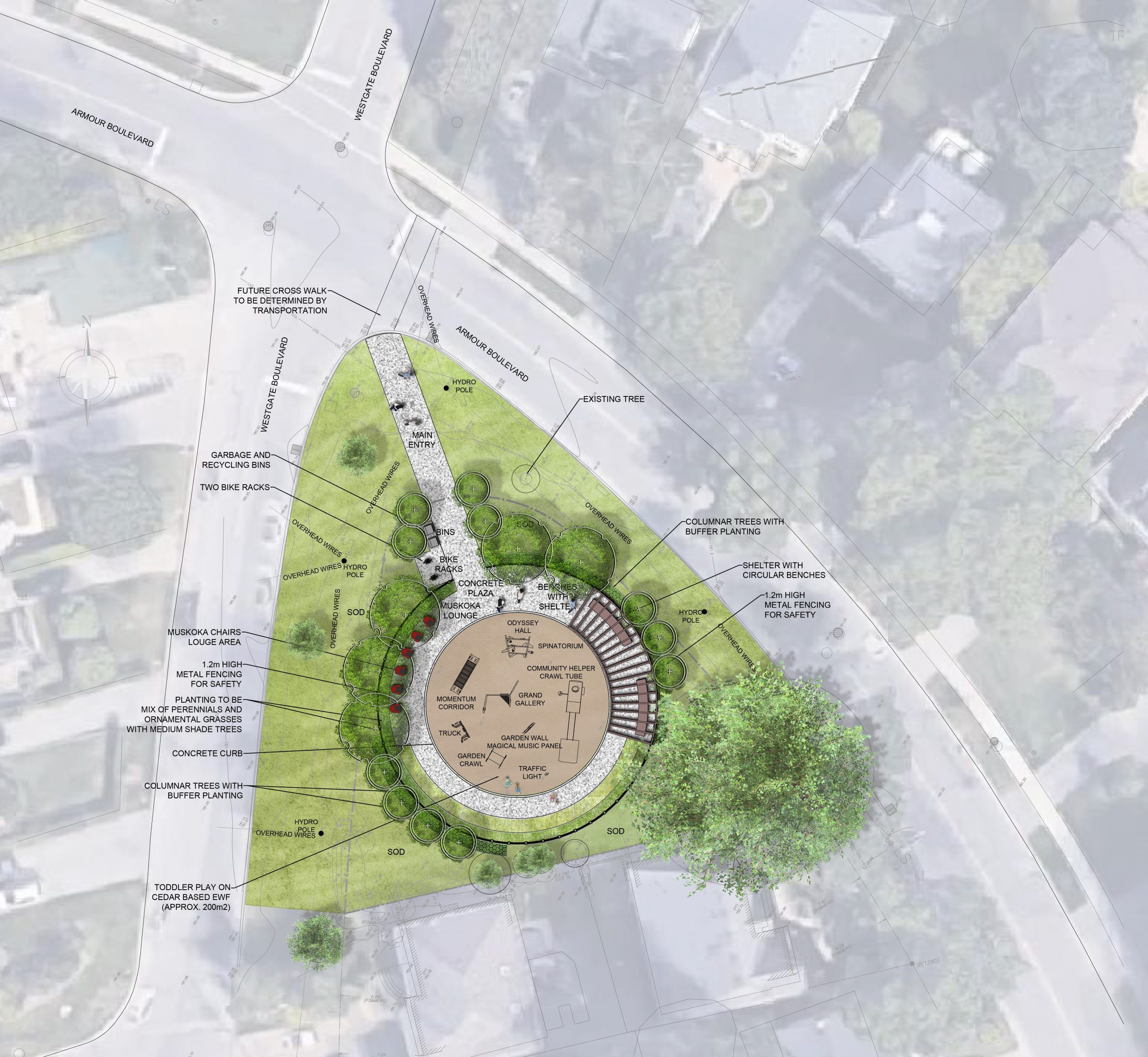  A rendering which provides a satellite view of the proposed parkette design which is circular in shape and includes various seating options, tree and ornamental plantings which surround the playground area at the center of the parkette. The main entry to the parkette is a concrete path from the corner of Westgate and Armour Boulevard and forms a circular path around the playground. 