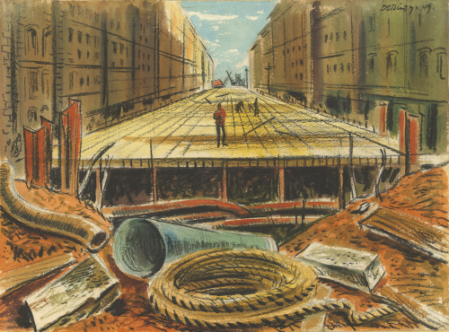 A wide wooden platform covers an excavation over Yonge Street. Stores line the road. In the foreground are a coil of rope, a pipe, and other debris.