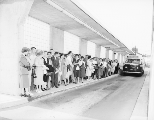 People are standing in a line beside a bus in an outdoor but roofed bus bay.