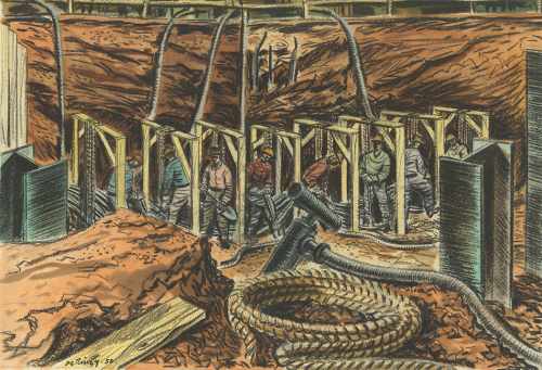 Workers are digging under rectangular wooden braces in an large excavation in the ground. They are surrounded by I-beams, a coil of rope, and conduits.