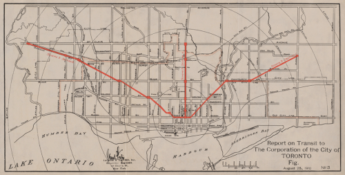 Map of Toronto showing in red a subway line up Yonge Street, and also two other lines going diagonally north-west and north-east out of the city core.