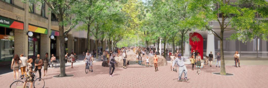 Perspective rendering of the Design, looking south towards King Street. Pictured in the rendering are various park users strolling down the central promenade, sitting on bench seating, and participating in a community event on the east side. Tree canopy and catenary lighting is also shown.