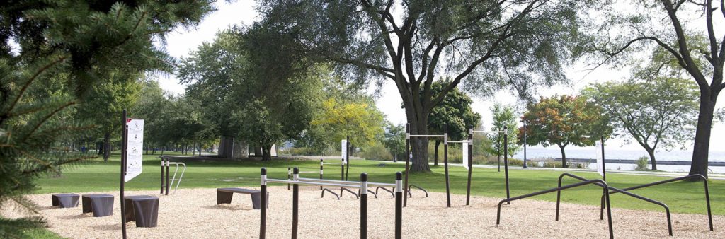 Outdoor fitness equipment in Sir Casimir Gzowski Park, Toronto