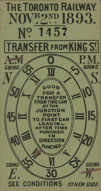 This transfer has printed ovals on it with both Roman numerals and numbers, crossed out with a red pencil to indicate times. It also shows whether it was used in the a.m. or the p.m. the route a rider was transferring from, and whether the streetcar was going east or west..