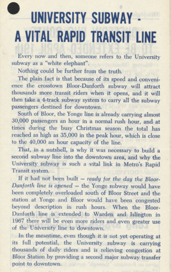 Pamphlet page titled University Subway - a vital rapid transit line.