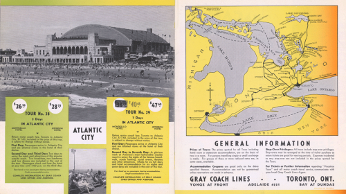 Vacation brochure advertising three-day or seven-day tour packages to Atlantic City. It includes a photograph of a large stadium and a beach, as well as a map of southern Ontario.