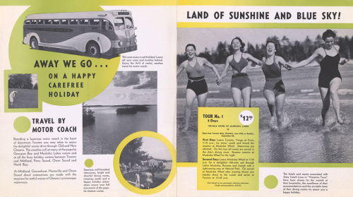 A vacation brochure reading "Away we go on a happy carefree holiday" and "land of sunshine and blue sky!" It shows people golfing and running into the water. It also shows photographs of a hotel and a lake with islands in it. 