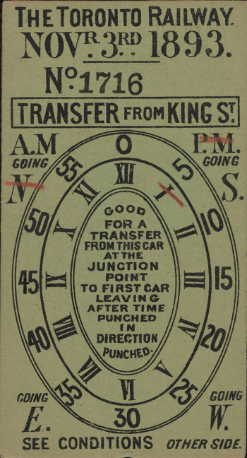 This transfer has printed ovals on it with both Roman numerals and numbers, crossed out with a red pencil to indicate times. It also shows whether it was used in the a.m. or the p.m. the route a rider was transferring from, and whether the streetcar was going east or west..