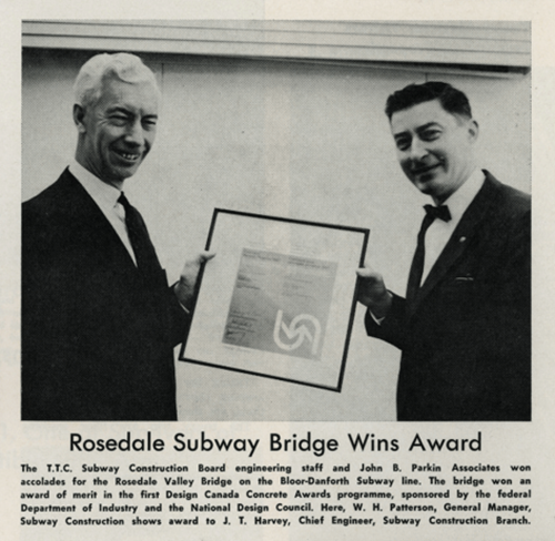 Article titled Rosedale Subway Bridge Wins Award.