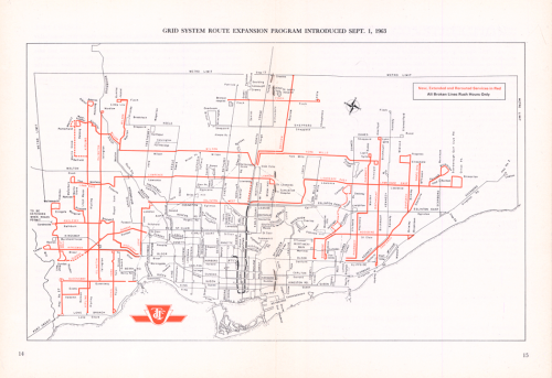 Route map of TTC showing bus routes following a grid system. The red lines indicate new or modified bus routes.