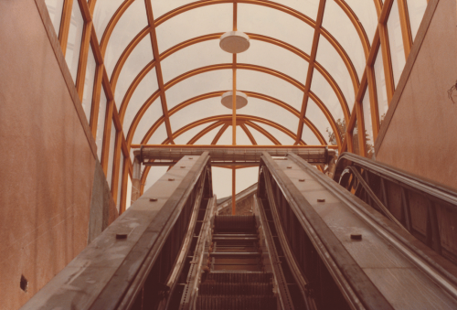 Unfinished escalator with large glass dome structure above