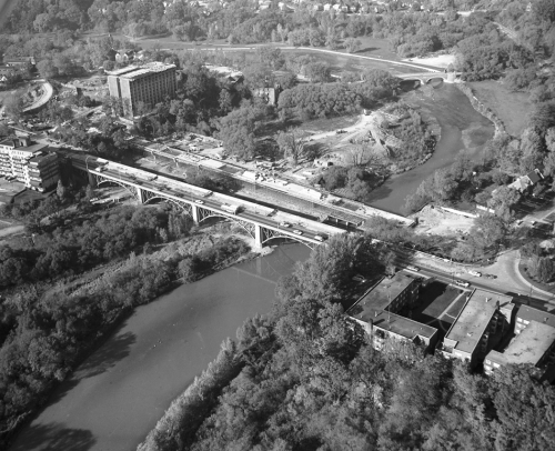 Bridge and construction of subway bridge over river.