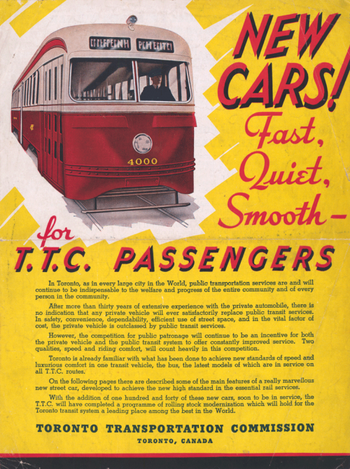 A red and cream coloured streetcar is shown beside a title that reads "New cars! Fast, quiet, smooth--for TTC passengers."