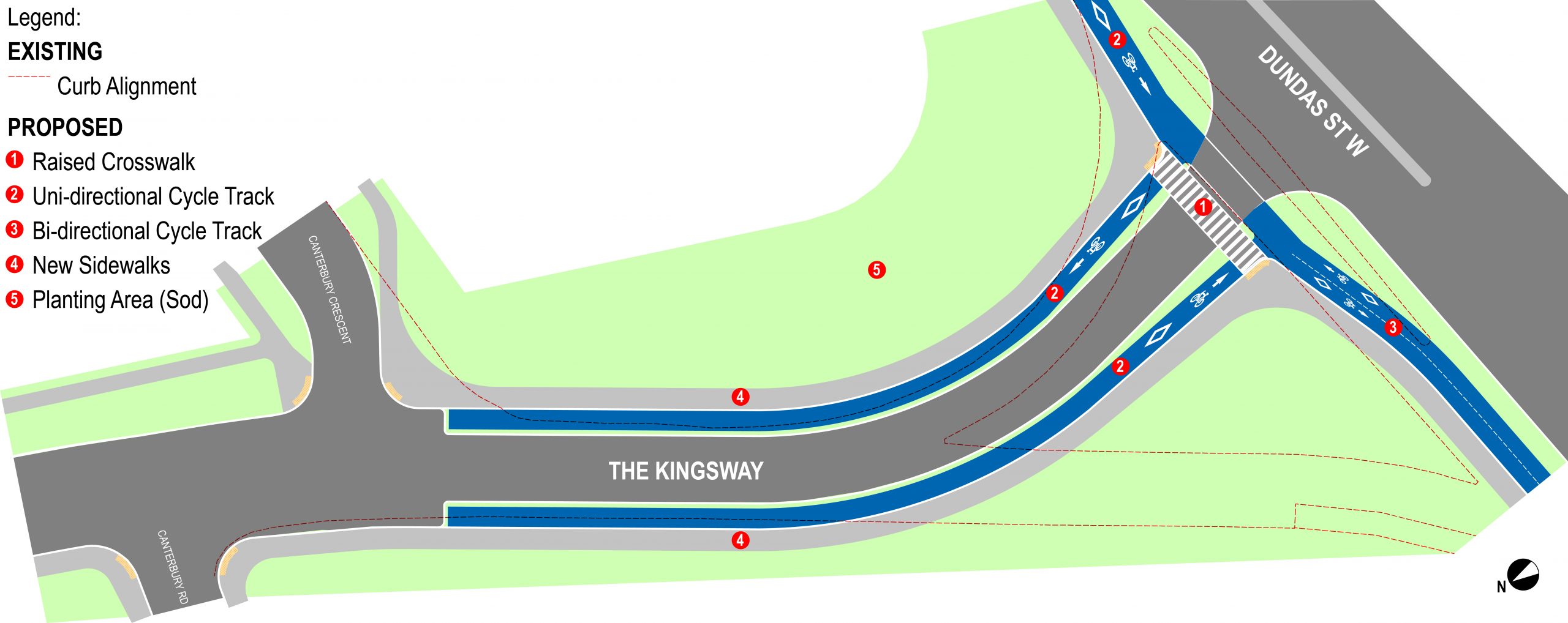 Drawing of the redesigned intersection of The Kingsway and Dundas showing the new 'T' alignment, new sidewalk and cycle tracks in relation to the existing turn channels.