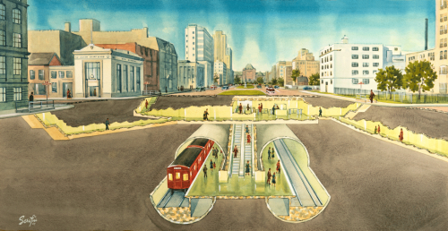 Illustrated cross section of subway station with red subway car in tunnel passengers on platform escalator and mezzanine.