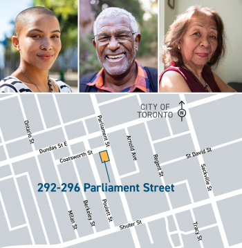 Image showing the map of 292-296 Parliament properties (nearest intersection Dundas St. East and Parliament St.) and photos of three individuals as representation of future residents of the building. 