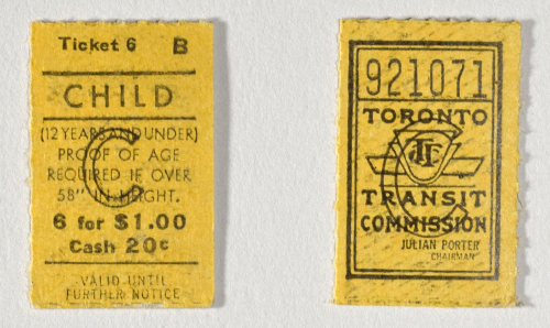 Front and back of a child's fare ticket, Toronto Transportation Commission