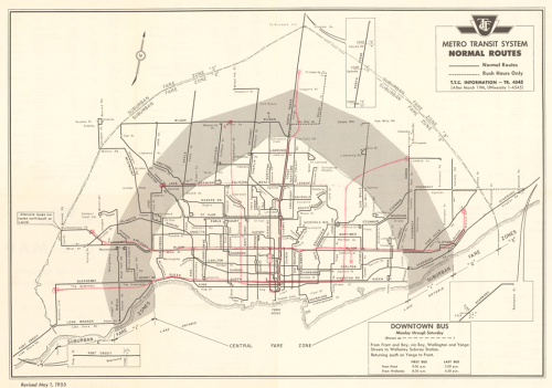 Map of Toronto showing transit routes in red and half-circles in grey showing the different fare zones.