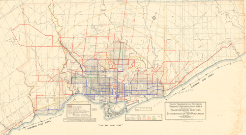 Map of Toronto showing transit routes as coloured lines and population as grey dots.