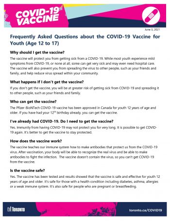 screenshot of the frequently asked questions about the COVID-19 vaccine for youth resource