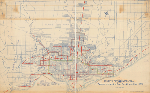 Map of Toronto showing routes as red lines, mostly downtown but also heading out to the midtown suburbs.