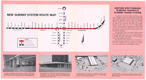 Pamphlet showing extensions for the Bloor Danforth Subway line with pictures.