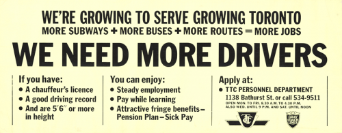 Advertisement stating what is required and how to apply to be a TTC driver.