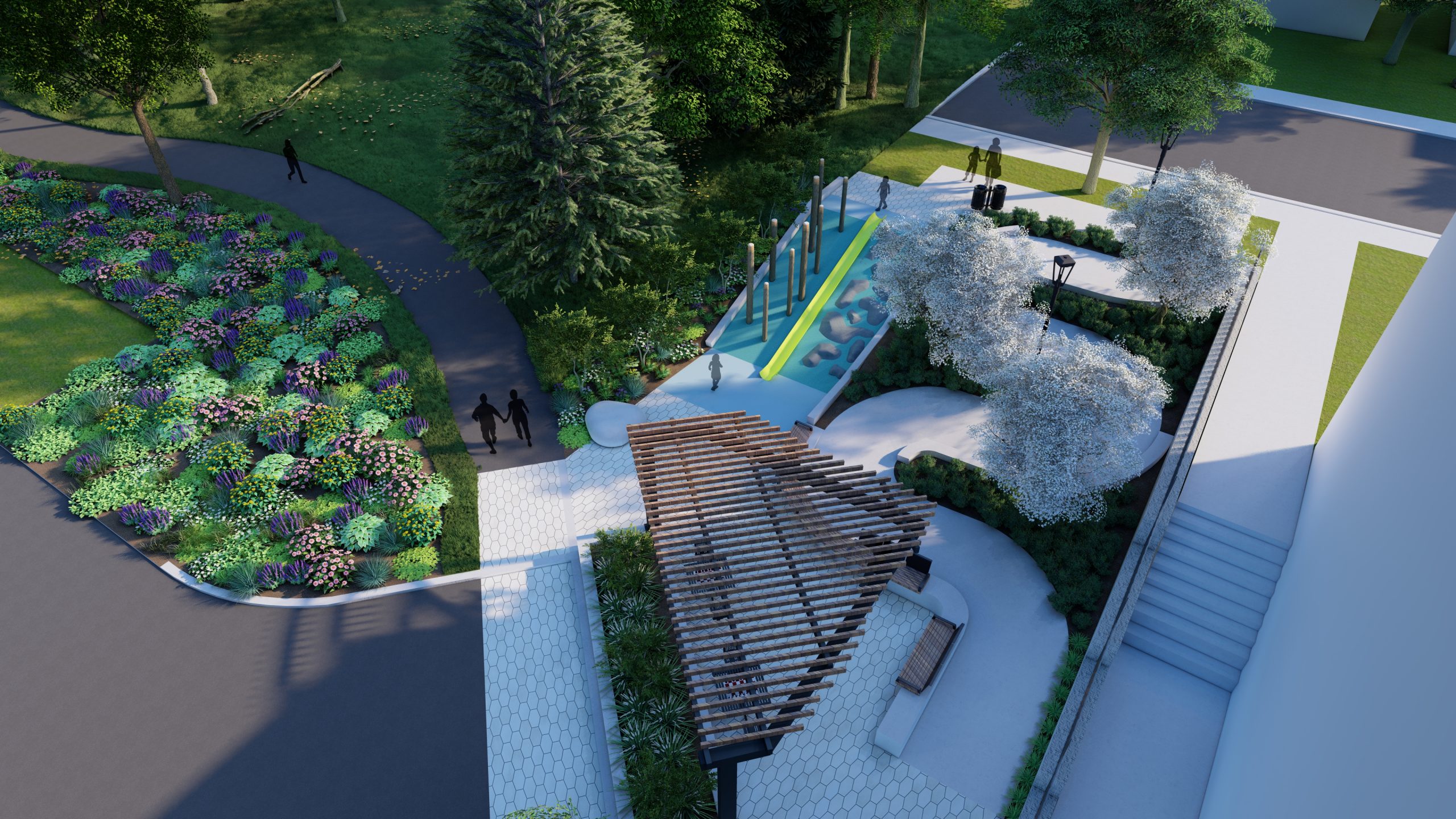 Perspective rendering of the revised concept design, providing an aerial perspective of the new park looking north west. Pictured are the shade structure, accessible connection to the nearby ravine, children