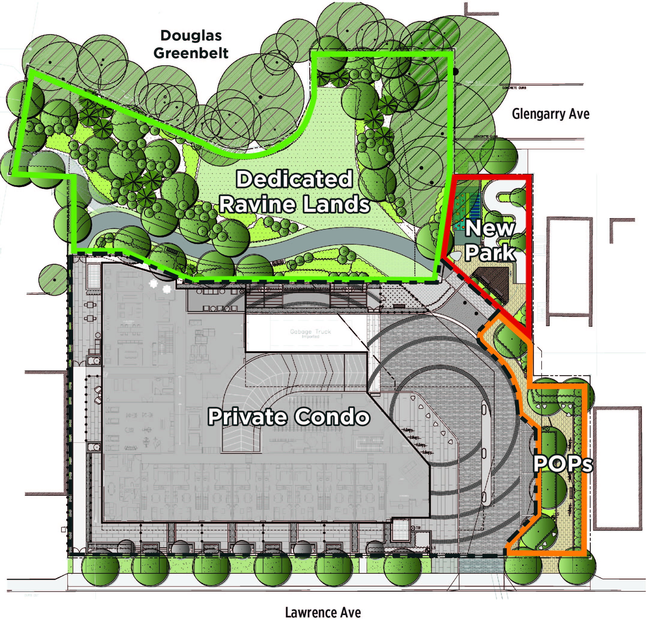 Aerial map showing the location of the new park on Glengarry Avenue and the surrounding community. The new park is outlined in red, and is adjacent to the dedicated ravine lands (outlined in green) and the privately-owned publicly accessible space (outlined in orange).