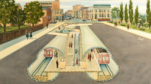 Illustrated cross section red subway cars in tunnels passengers on platform and mezzanine.