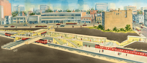 Illustrated cross section of subway station red subway cars on tracks people on subway station platforms PCC streetcars on road.