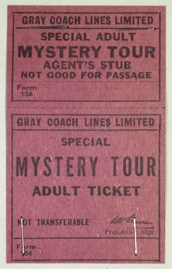 Pink paper bus ticket with black writing 