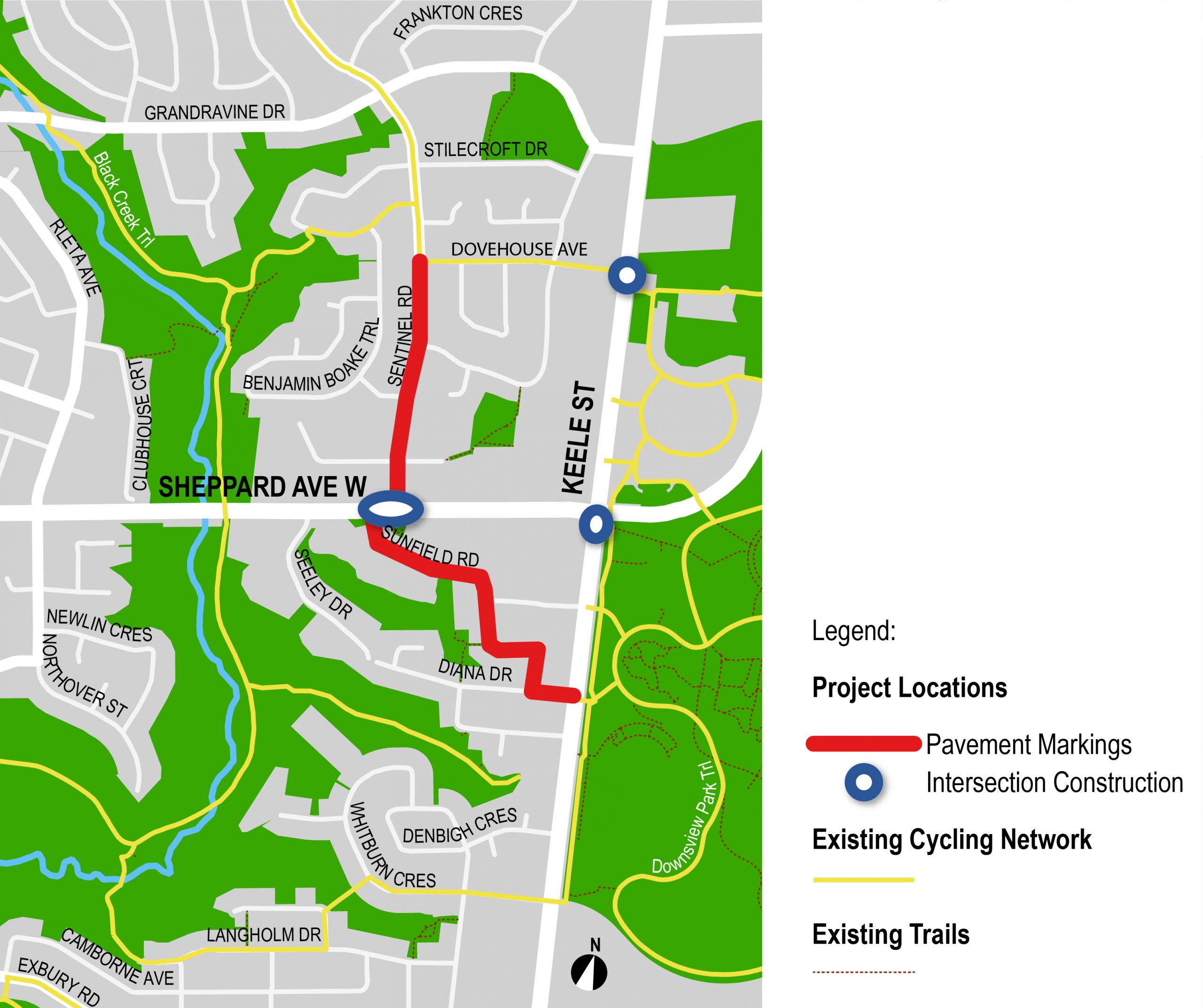 Map showing the project location where there will be pavement markings and intersection construction.