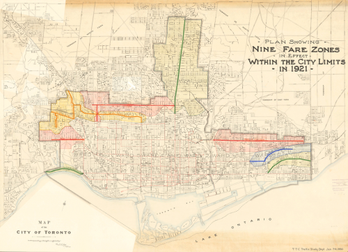 Map of Toronto with coloured sections north, east, and west to show the different fare zones. Downtown is uncoloured.