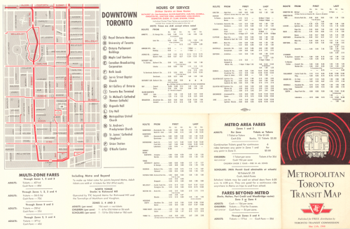 A map of the subway system and downtown streetcar routes, as well as fares and hours of service.