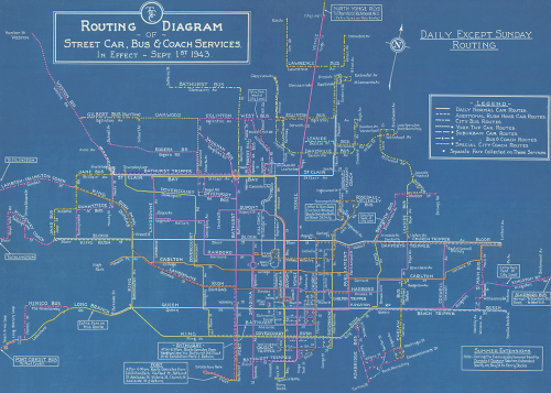 Blueprint map of Toronto showing different types of transit routes in different colours, for example, daily normal street car routes and rush hour bus routes.