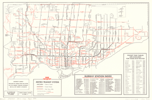 Map of Toronto showing all public transit routes, as well as an index to subway stations.