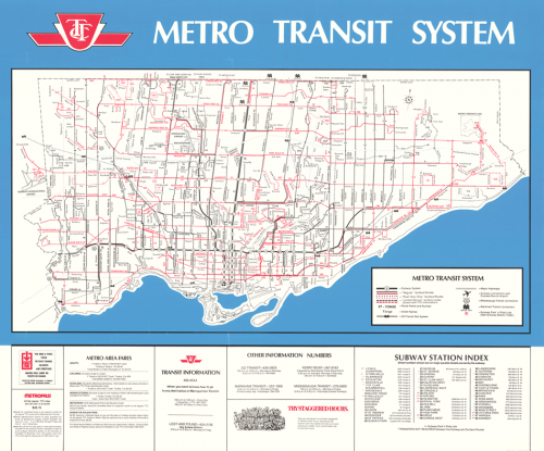 Map of Toronto showing all public transit routes, as well as fares and a subway station index.