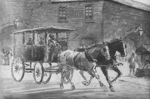Two horses pulling a four-wheeled covered vehicle. There is a man in the front seat holding a whip. 