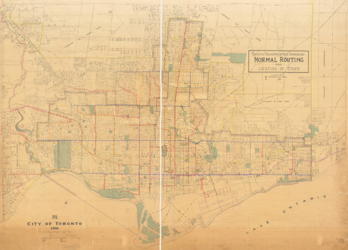 Map of Toronto with different coloured lines showing bus and streetcar routes, and dots showing where stops are.