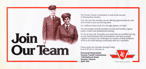 Placard with male and female TTC operators beside an advertisement to apply to the TTC team of drivers.