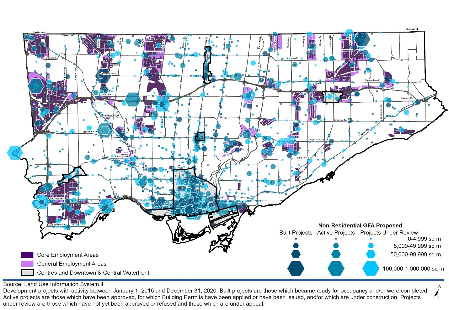 This map shows non-residential projects as graduated hexagons with their size based on the amount of non-residential GFA they propose. For more information, contact Hailey Toft at 416-392-9787 or hailey.toft@toronto.ca.