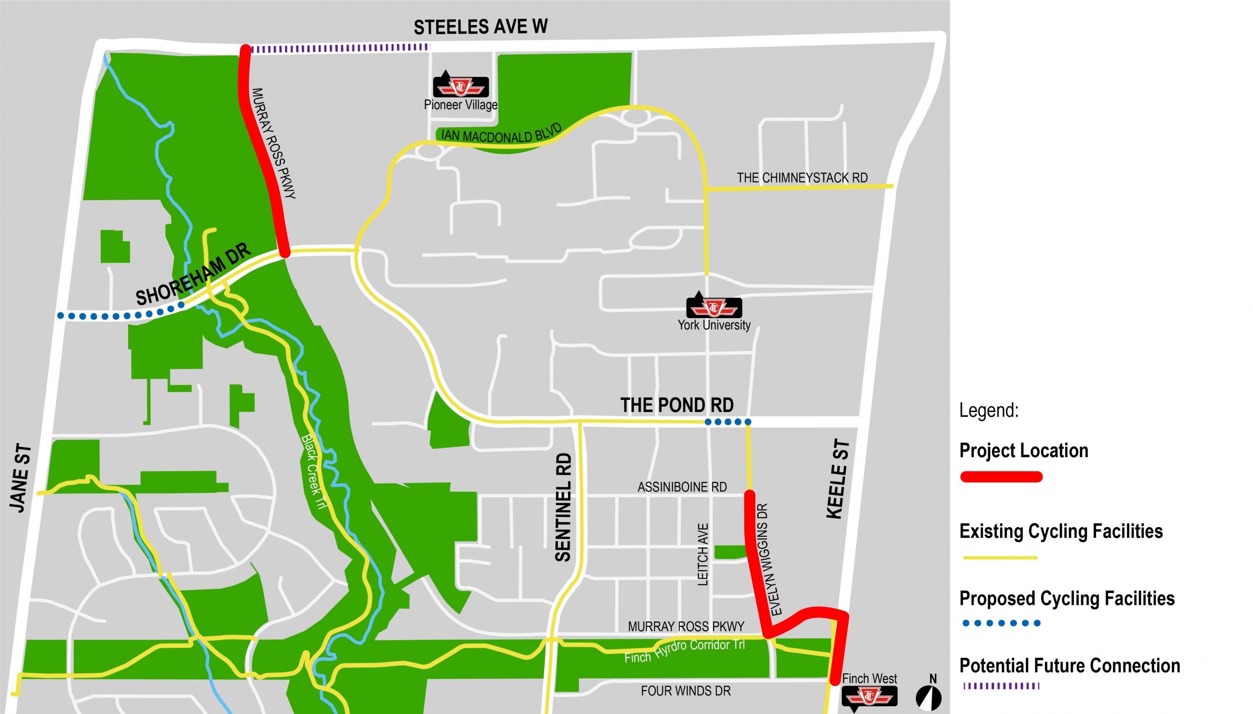Map showing the project location on Murray Ross Parkway, Evelyn Wiggins Drive and Keele Street. 