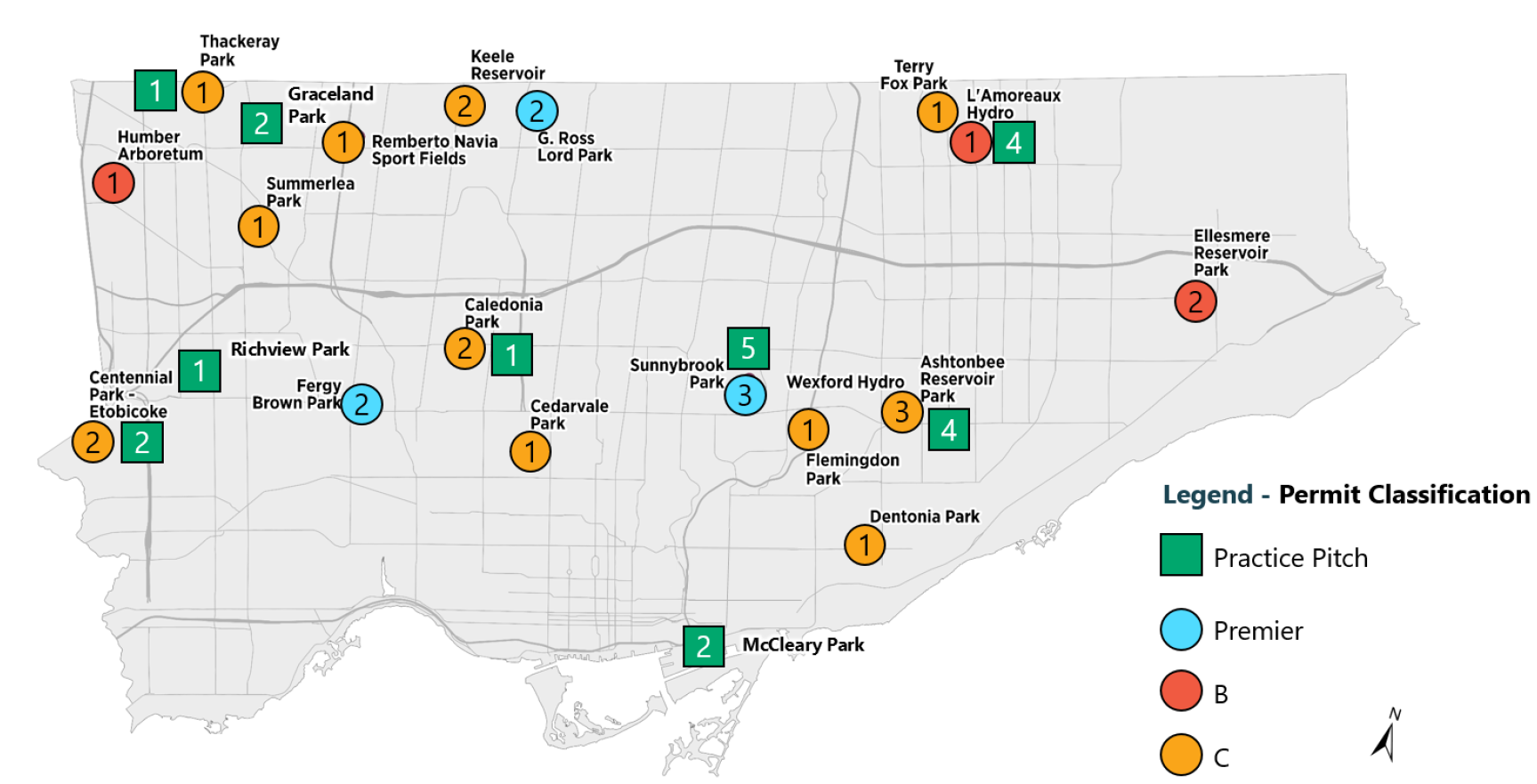 Updated for 2021: This is a map of Toronto that shows the number and types of cricket pitches that exist throughout the city. The City base-map is divided into the four boroughs of Scarborough, North York, Etobicoke, and East York/Downtown. There are three permit classifications of cricket pitch represented. Premier pitches are bright blue. B classification pitches are moss green, and C classification pitches are grey. The number of pitches in a park is represented by the size of the circle in that park. Smaller circles are one pitch, medium circles are two pitches, and large circles are three pitches. There are three parks with Premier pitches, three parks with B classification pitches, and eleven parks with C classification pitches. Below this map is a chart which contains the name and location of each park that contains cricket pitches, along with the number of pitches at that park. 
