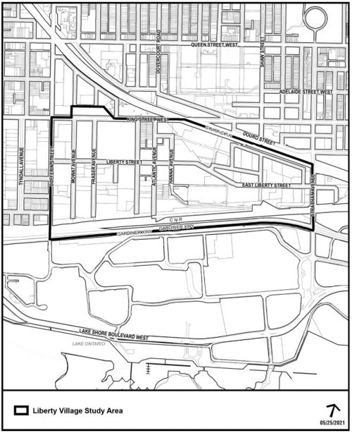 A map of the Liberty Village Public Realm and Community Services Study area, bounded by Gardiner Express Way, Dufferin Street, King Street West, and Strachan Avenue