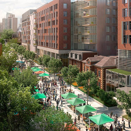 Rendering of pedestrian-only street with people attending a farmers' market.