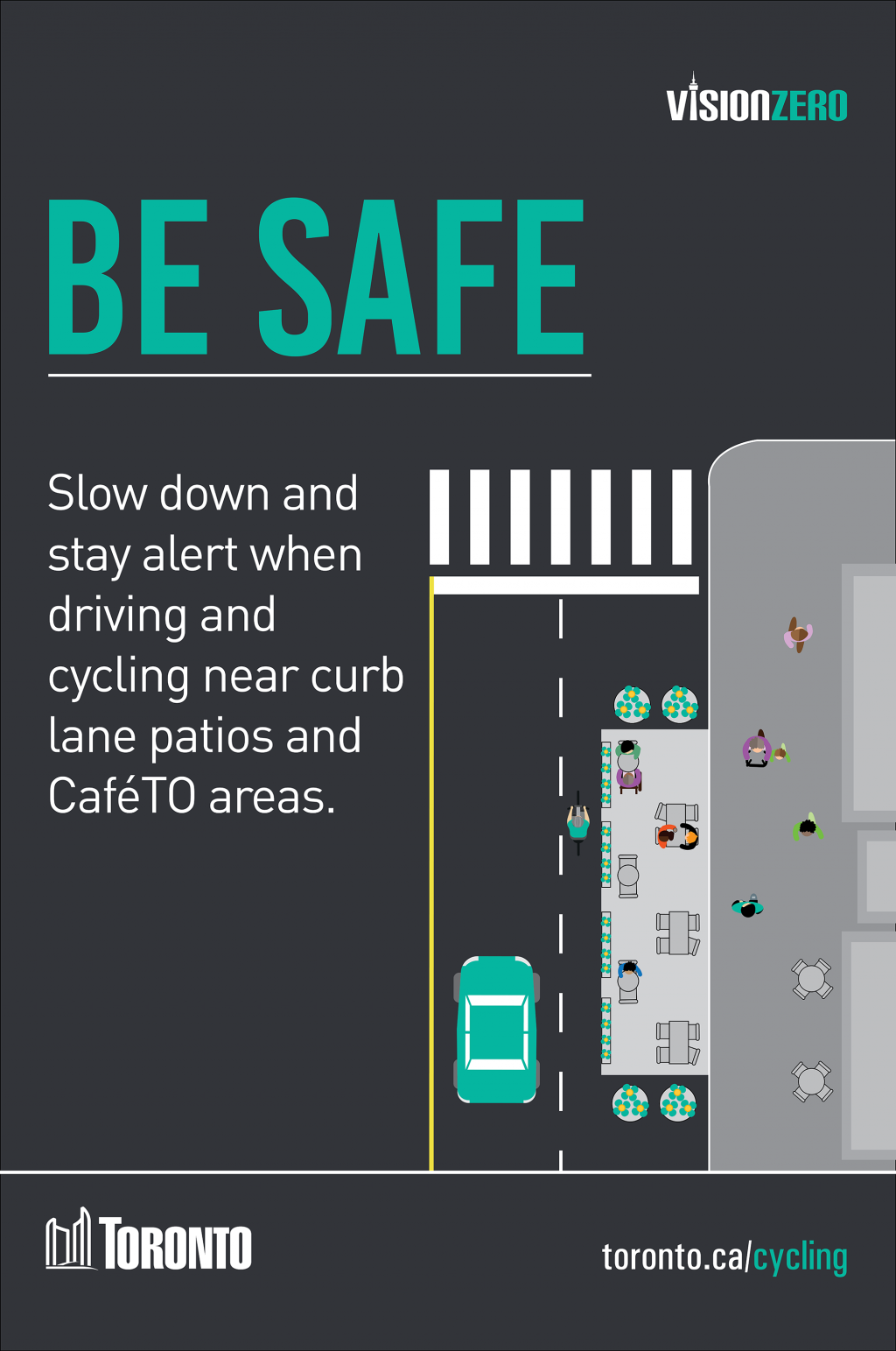 Be Safe. Slow down and stay alert when driving and cycling near curb lane patios and CafeTo areas.