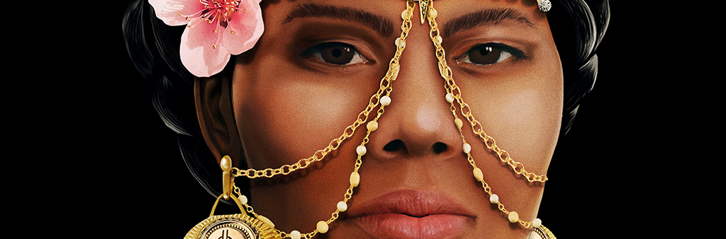 Woman's face with gold chains running from centre of forehead, across both cheeks and behind ears, with a flower at temple